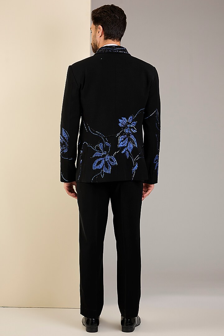 Black Micro Suiting Hand Embroidered Tuxedo Set by Soltee By Sulakshana Monga Men at Pernia's Pop Up Shop