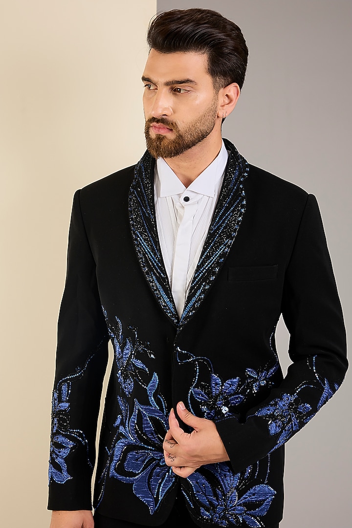 Black Micro Suiting Hand Embroidered Tuxedo Set by Soltee By Sulakshana Monga Men at Pernia's Pop Up Shop