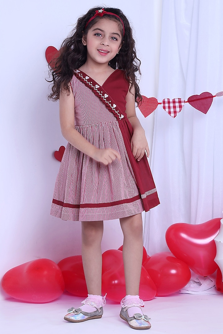 Red Cotton Checks Printed Crossover Dress For Girls by Soleilclo