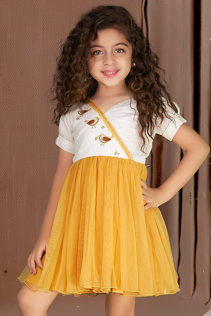 Ivory & Gold Cotton Hand Embroidered Dress For Girls by Soleilclo