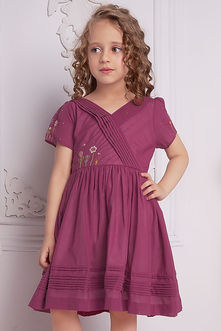 Burgundy Cotton Hand Embroidered Dress For Girls by Soleilclo