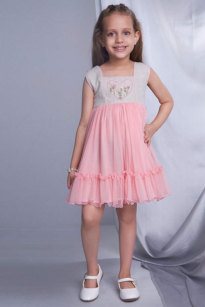 Ecru & Peach Linen Hand Embroidered Dress For Girls by Soleilclo