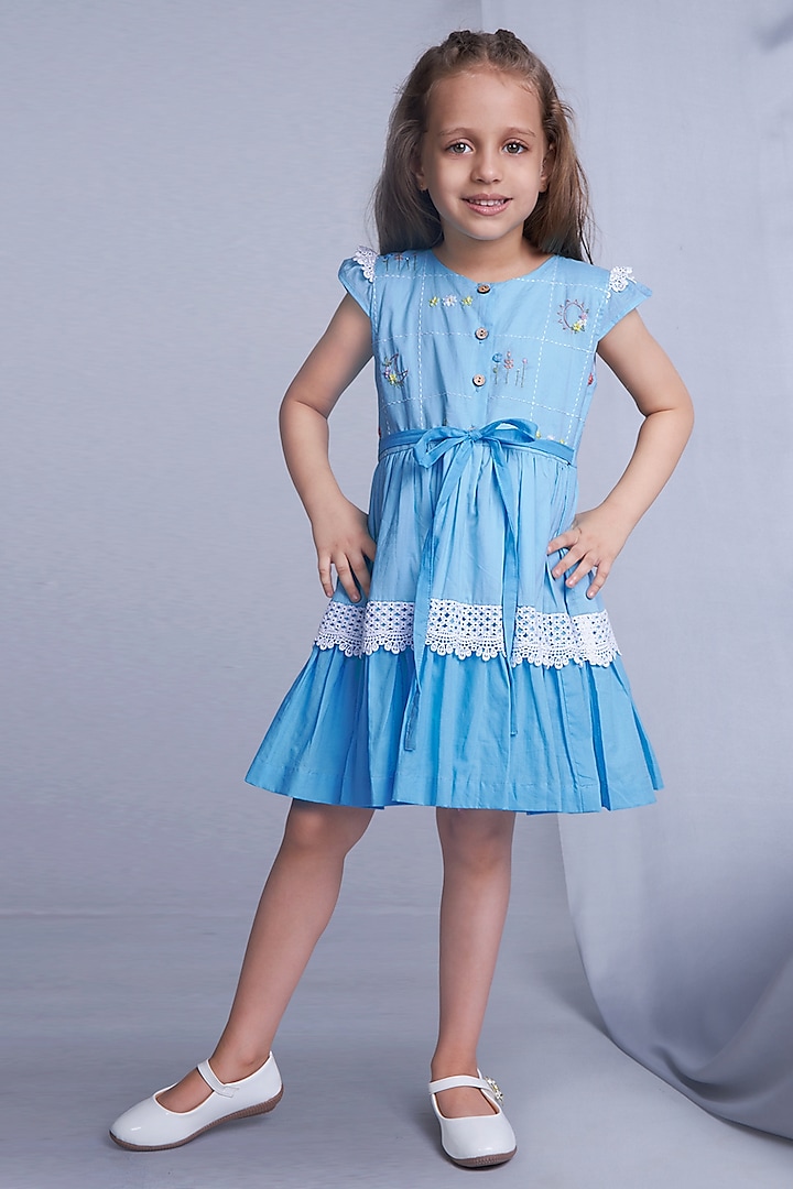 Blue Ombre Cotton Hand Embroidered Dress For Girls by Soleilclo