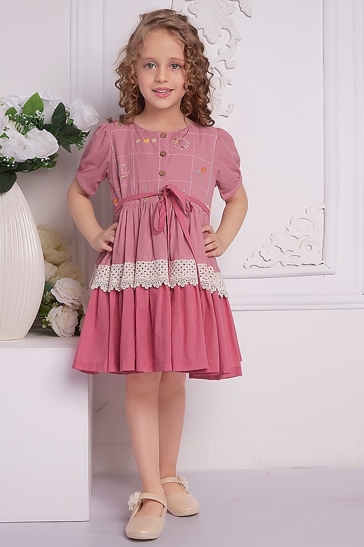 Pink Ombre Cotton Hand Embroidered Dress For Girls by Soleilclo