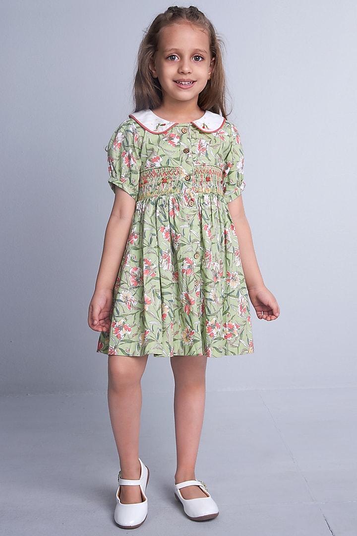Green Cotton Printed & Hand Embroidered Dress for Girls by Soleilclo