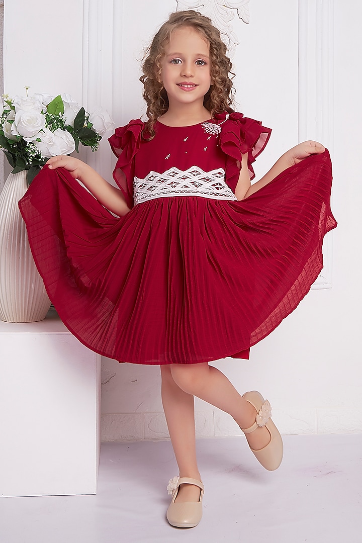 Red Chiffon Hand Embroidered Pleated Dress For Girls by Soleilclo