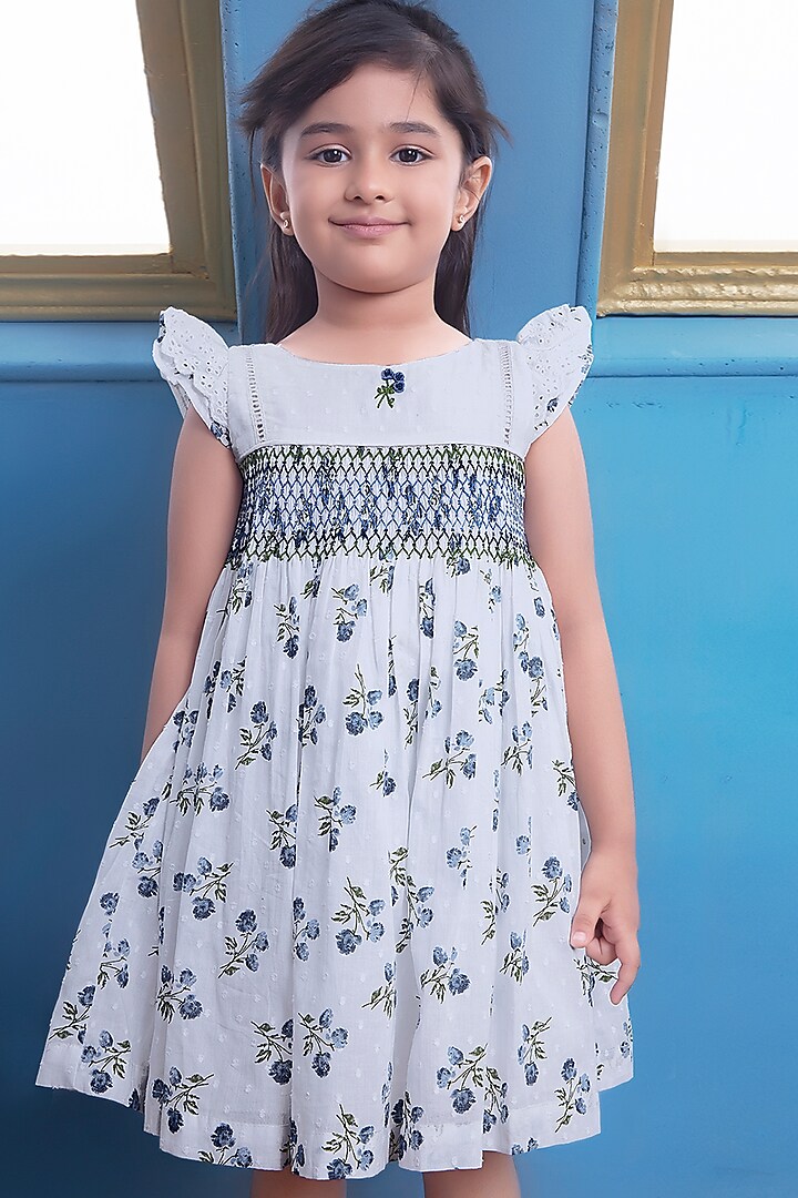 Ivory Cotton Floral Printed Dress For Girls by Soleilclo