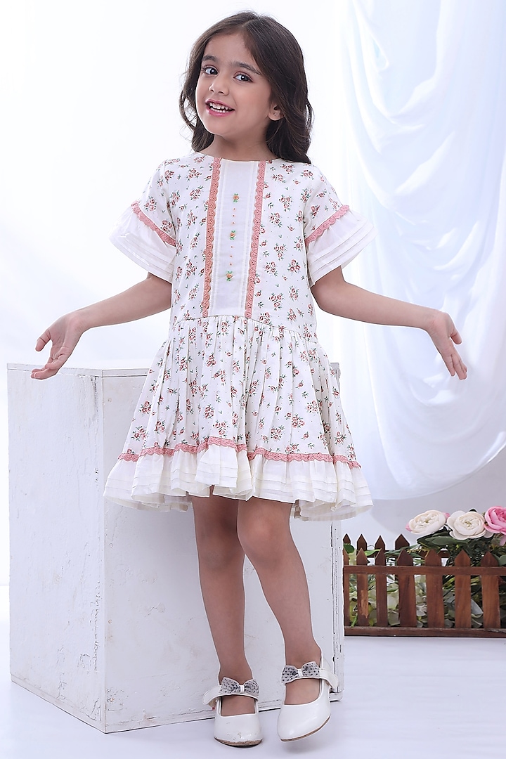 Ivory & Dusty Pink Printed Dress For Girls by Soleilclo