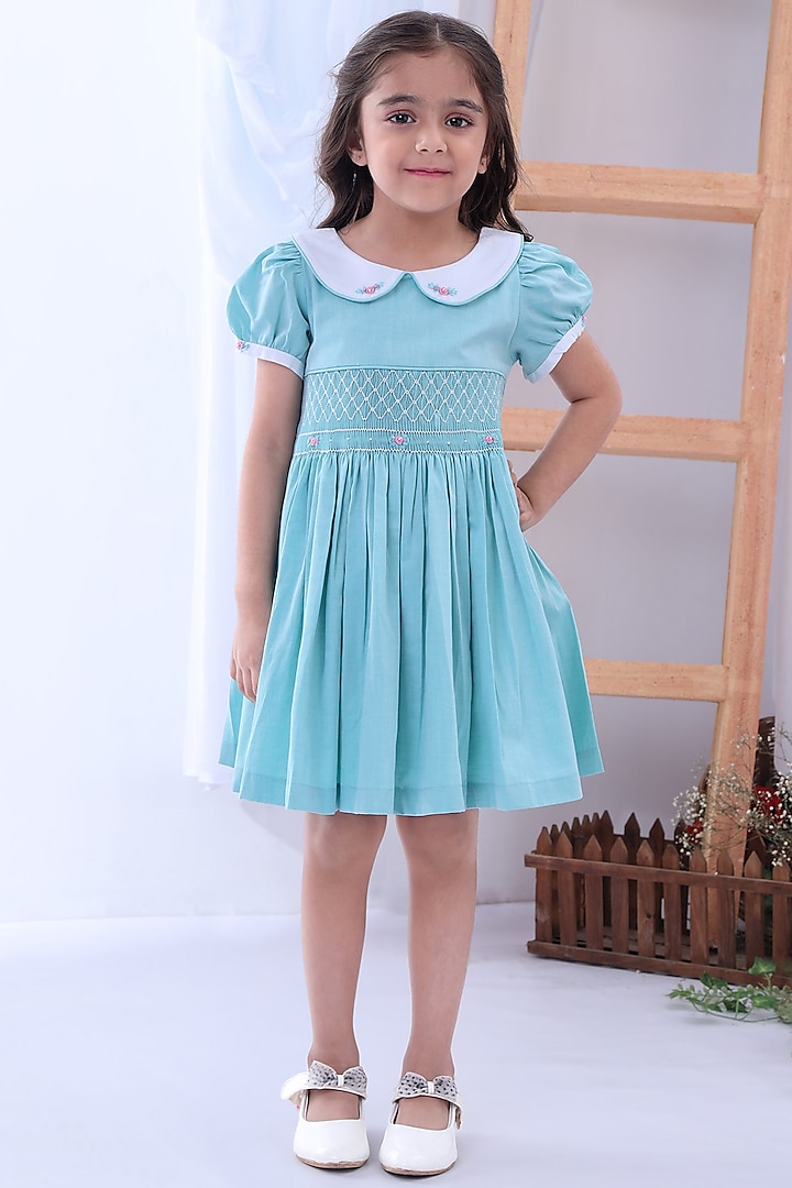 Teal Embroidered Dress For Girls by Soleilclo