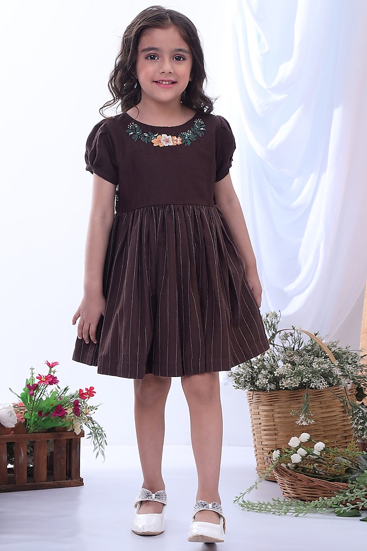 Brown Embroidered Dress For Girls by Soleilclo