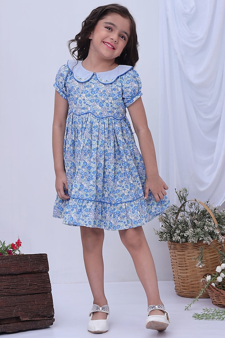 Blue Floral Printed Dress For Girls by Soleilclo