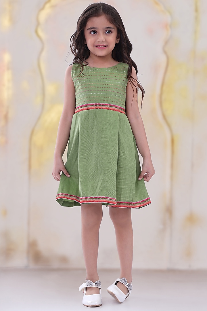 Leaf Green Embroidered Dress For Girls by Soleilclo