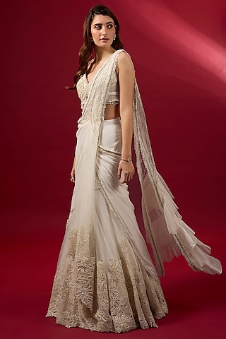Ivory Georgette & Organza Applique Embroidered Draped Saree Set by Sulakshana Monga