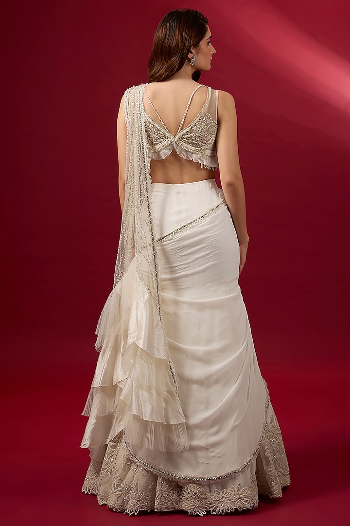 Ivory Georgette & Organza Applique Embroidered Draped Reception Saree Set by Sulakshana Monga at Pernia's Pop Up Shop