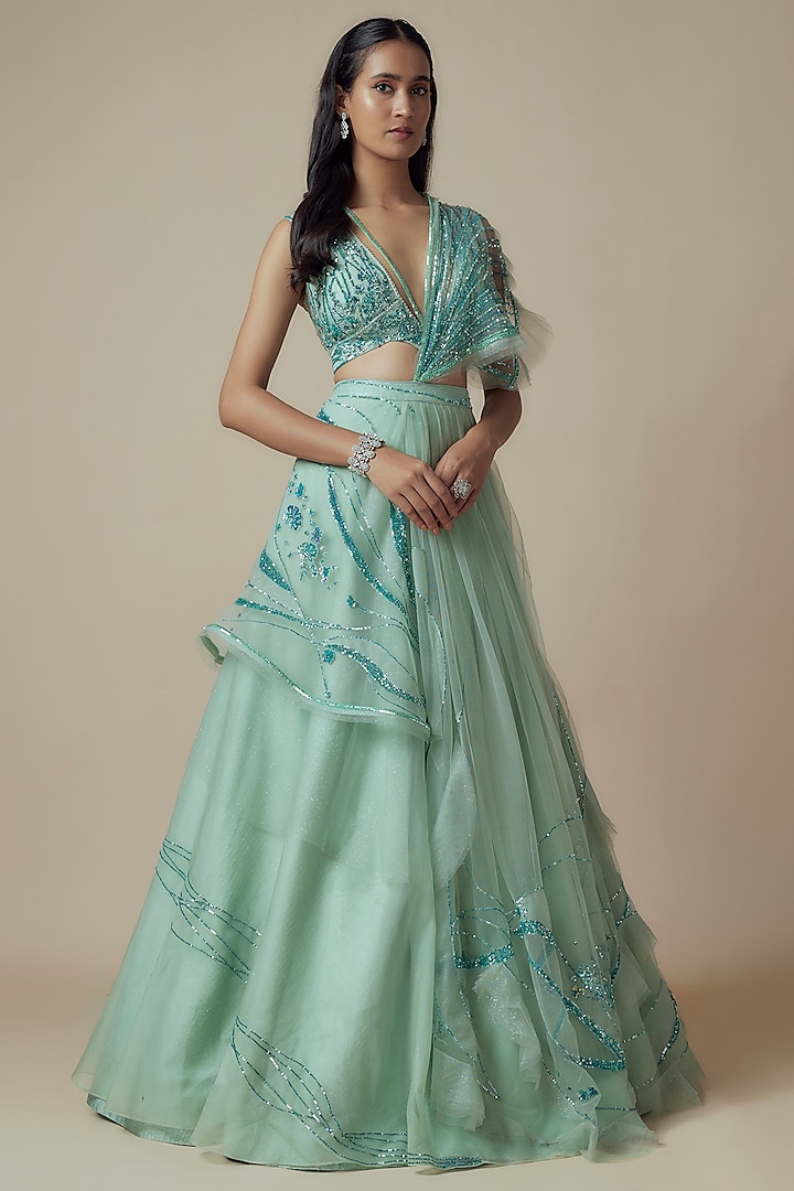 Green Net Sequins Embroidered Draped Bridal Lehenga Set by Soltee by Sulakshana Monga at Pernia's Pop Up Shop