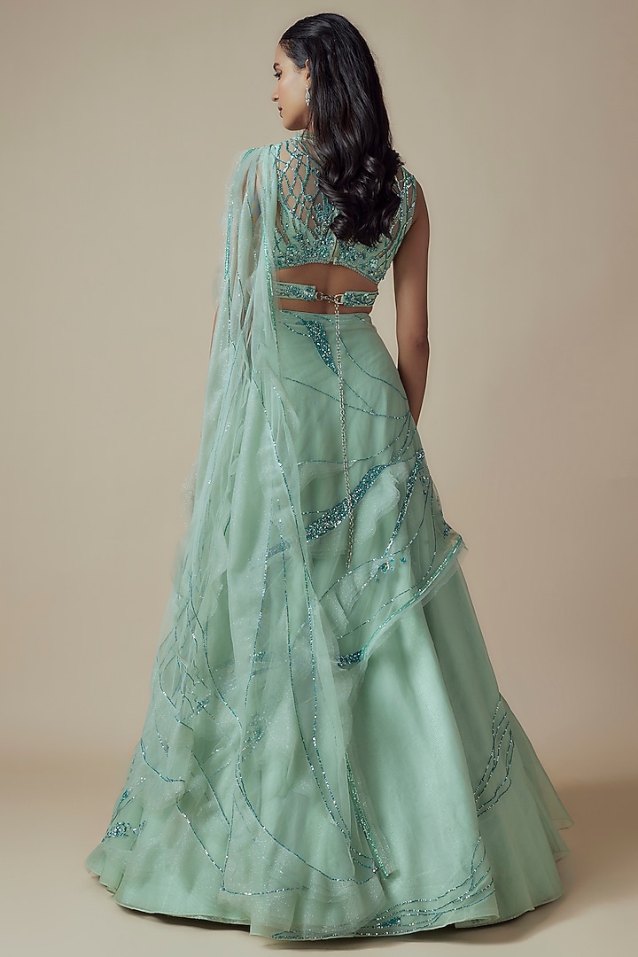 Green Net Sequins Embroidered Draped Bridal Lehenga Set by Sulakshana Monga at Pernia's Pop Up Shop