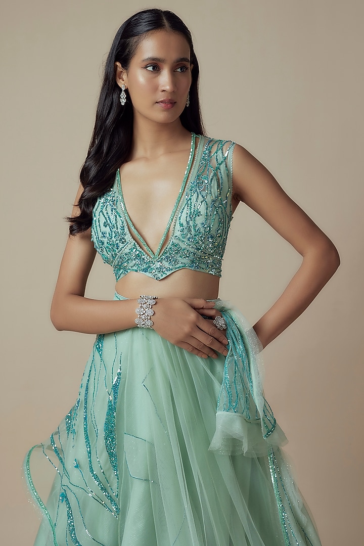 Green Net Sequins Embroidered Draped Bridal Lehenga Set by Sulakshana Monga at Pernia's Pop Up Shop