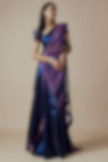 Blue & Purple Fluid Organza Pre-Draped Saree Set by Soltee by Sulakshana Monga at Pernia's Pop Up Shop