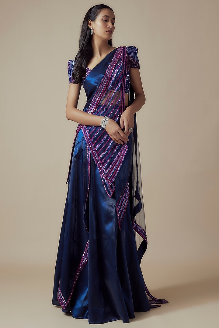 Blue & Purple Fluid Organza Pre-Draped Saree Set by Soltee by Sulakshana Monga at Pernia's Pop Up Shop