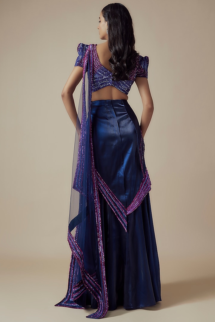 Blue & Purple Fluid Organza Pre-Draped Reception Saree Set by Sulakshana Monga at Pernia's Pop Up Shop
