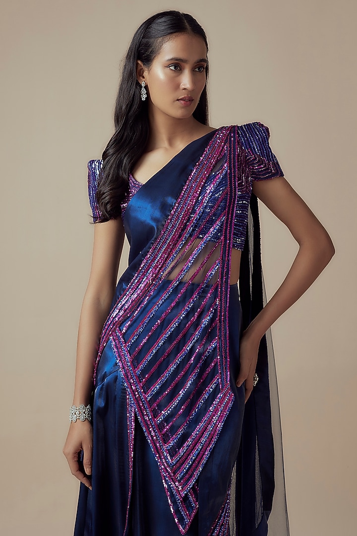 Blue & Purple Fluid Organza Pre-Draped Reception Saree Set by Sulakshana Monga at Pernia's Pop Up Shop