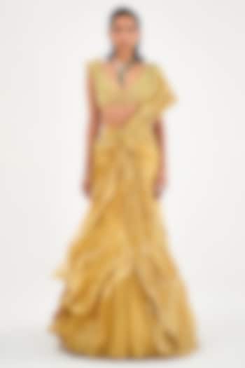 Tuscany Yellow Assam Silk & Chiffon Draped Bridal Saree Set by Sulakshana Monga at Pernia's Pop Up Shop