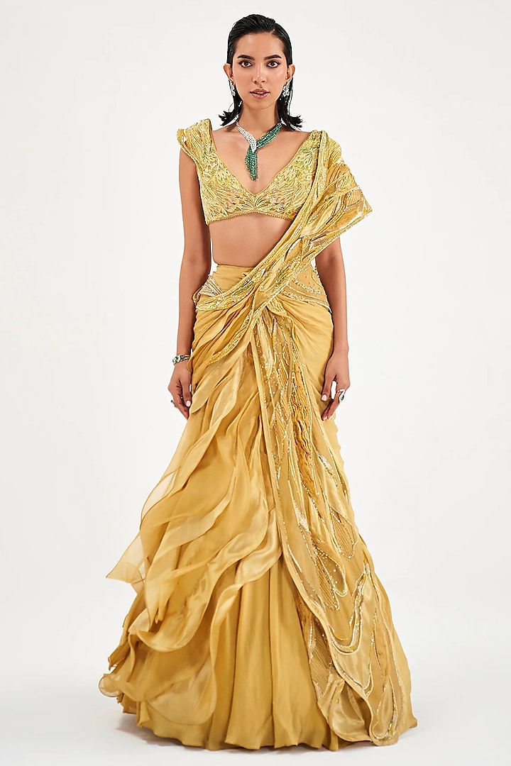 Tuscany Yellow Assam Silk & Chiffon Draped Bridal Saree Set by Sulakshana Monga at Pernia's Pop Up Shop