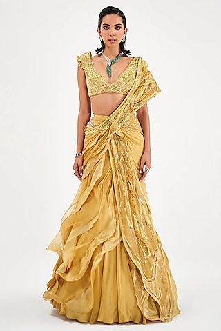 Tuscany Yellow Assam Silk & Chiffon Draped Saree Set by Sulakshana Monga