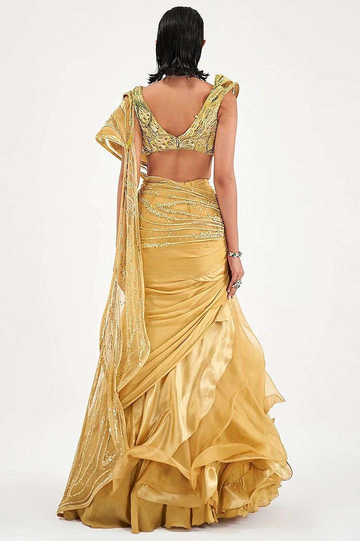 Tuscany Yellow Assam Silk & Chiffon Draped Bridal Saree Set by Sulakshana Monga at Pernia's Pop Up Shop