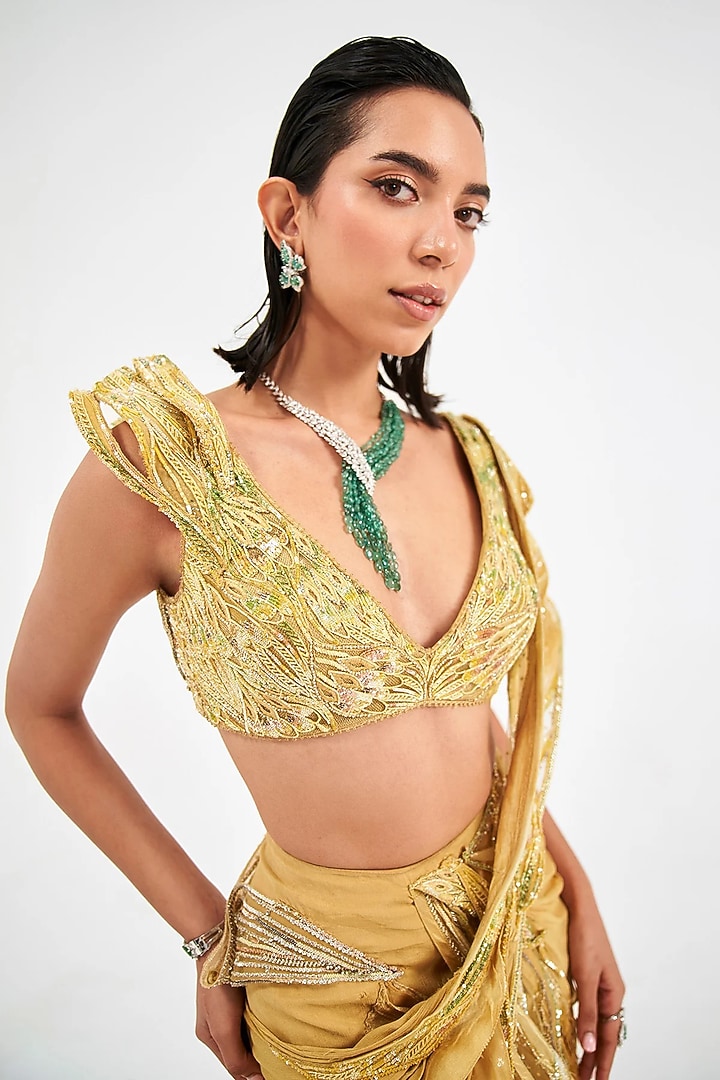 Tuscany Yellow Assam Silk & Chiffon Draped Bridal Saree Set by Sulakshana Monga at Pernia's Pop Up Shop