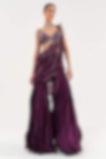 Amethyst Colored Assam Silk & Chiffon Pant Reception Saree Set by Sulakshana Monga at Pernia's Pop Up Shop