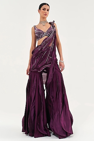 Amethyst Colored Assam Silk & Chiffon Pant Saree Set by Sulakshana Monga
