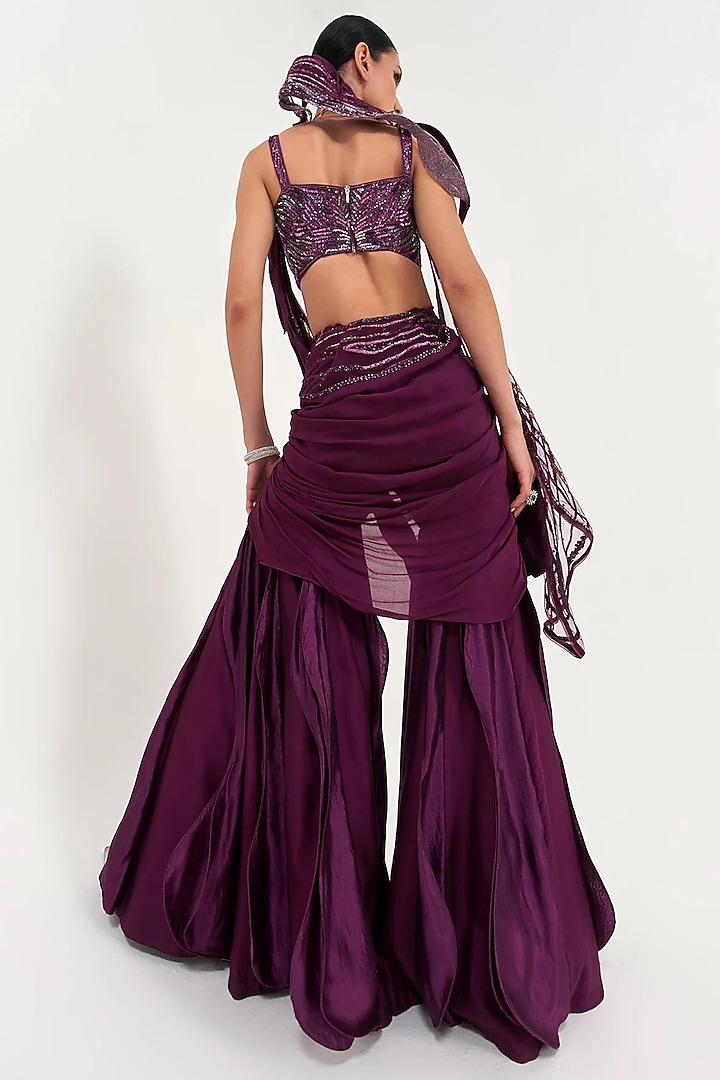 Amethyst Colored Assam Silk & Chiffon Pant Reception Saree Set by Sulakshana Monga at Pernia's Pop Up Shop