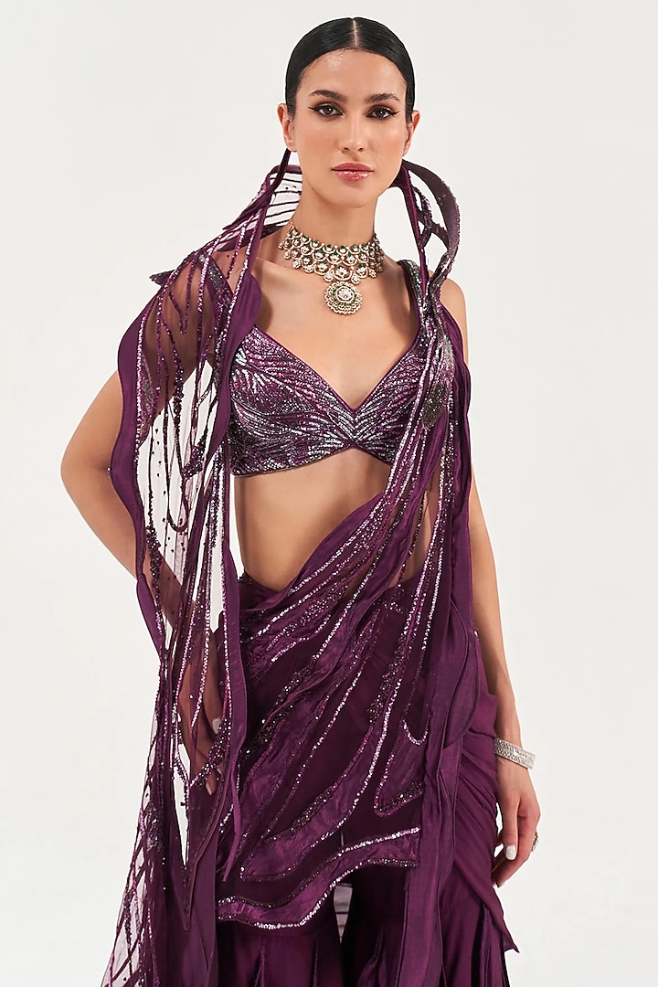 Amethyst Colored Assam Silk & Chiffon Pant Reception Saree Set by Sulakshana Monga at Pernia's Pop Up Shop
