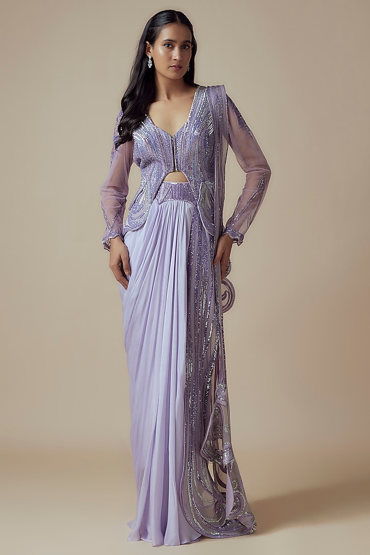 Lilac Chiffon & Chanderi Pre-Draped Saree Set by Soltee by Sulakshana Monga at Pernia's Pop Up Shop