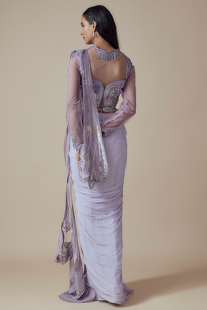 Lilac Chiffon & Chanderi Pre-Draped Bridal Saree Set by Sulakshana Monga at Pernia's Pop Up Shop