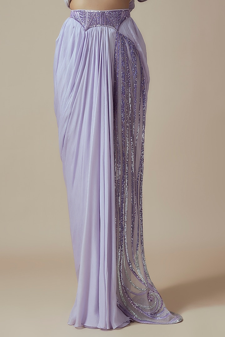 Lilac Chiffon & Chanderi Pre-Draped Bridal Saree Set by Sulakshana Monga at Pernia's Pop Up Shop