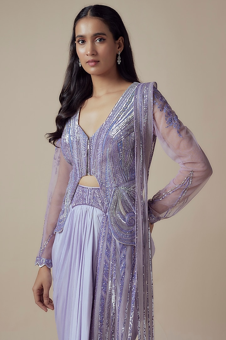Lilac Chiffon & Chanderi Pre-Draped Bridal Saree Set by Sulakshana Monga at Pernia's Pop Up Shop