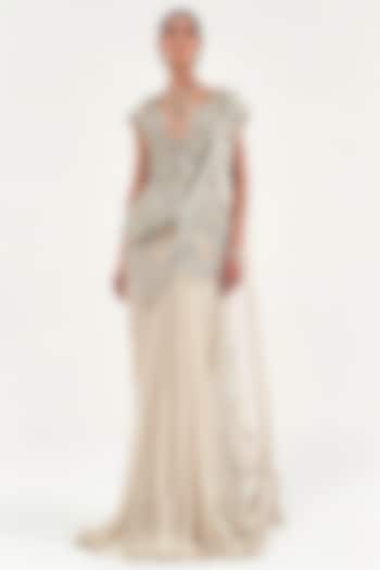 Pearl Ivory Net & Chiffon Draped Bridal Saree Set by Sulakshana Monga at Pernia's Pop Up Shop