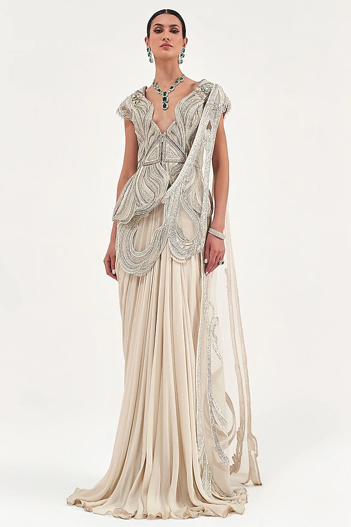 Pearl Ivory Net & Chiffon Draped Bridal Saree Set by Sulakshana Monga at Pernia's Pop Up Shop