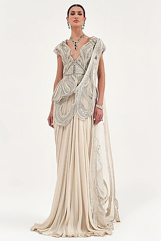 Pearl Ivory Net & Chiffon Draped Saree Set by Sulakshana Monga