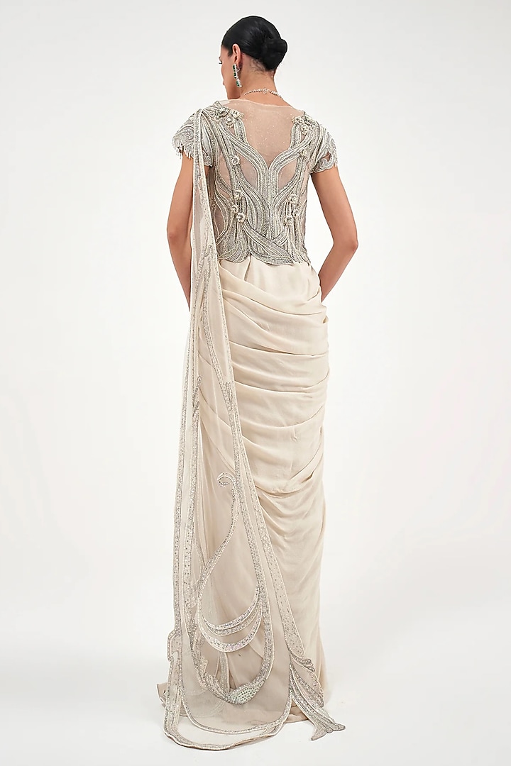 Pearl Ivory Net & Chiffon Draped Bridal Saree Set by Sulakshana Monga at Pernia's Pop Up Shop