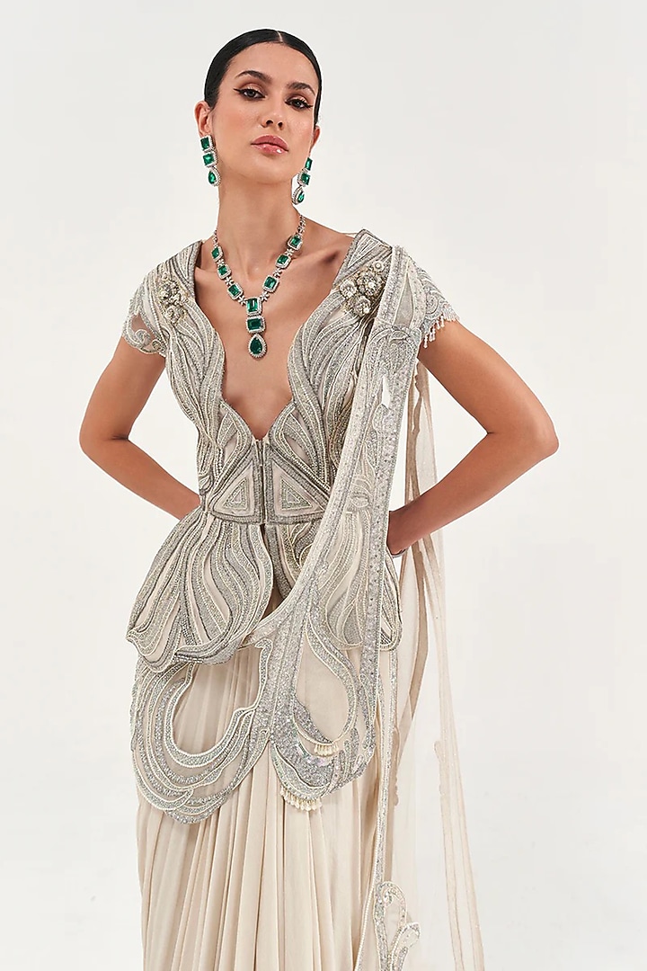 Pearl Ivory Net & Chiffon Draped Bridal Saree Set by Sulakshana Monga at Pernia's Pop Up Shop