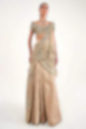 Champagne Satin & Organza Draped Reception Saree Set by Sulakshana Monga at Pernia's Pop Up Shop