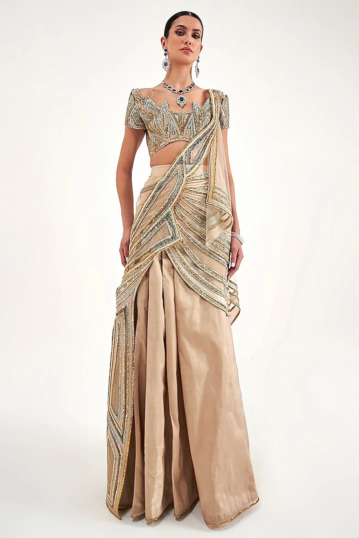 Champagne Satin & Organza Draped Reception Saree Set by Sulakshana Monga at Pernia's Pop Up Shop