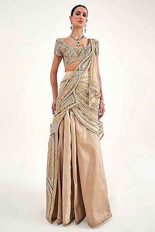 Champagne Satin & Organza Draped Saree Set by Sulakshana Monga