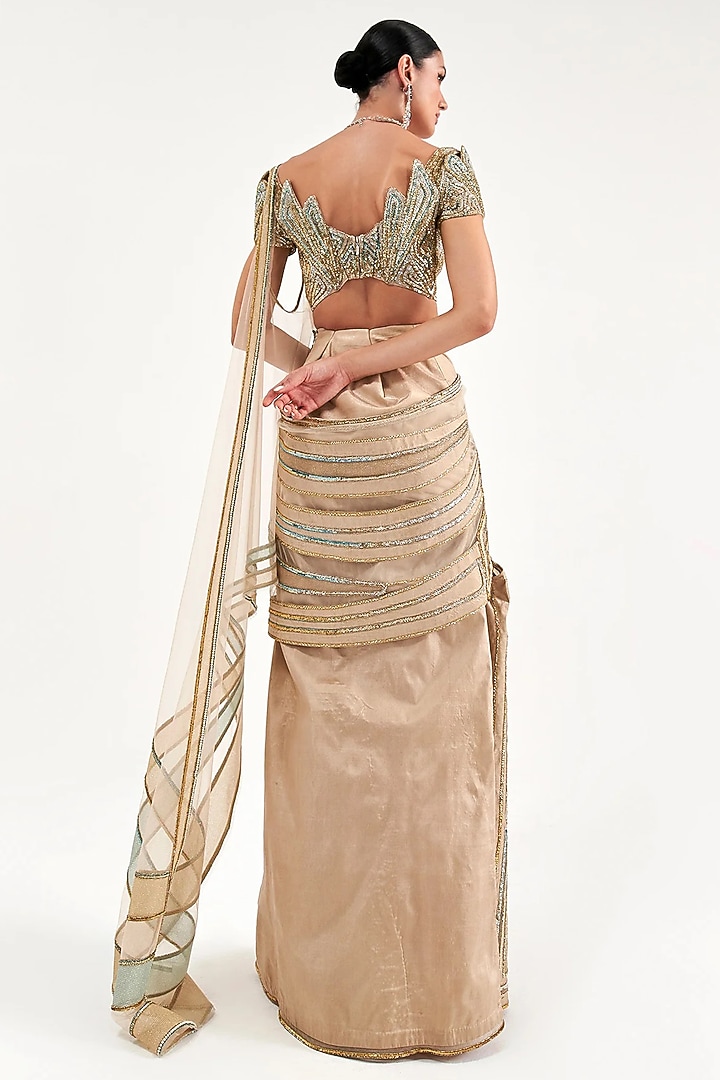 Champagne Satin & Organza Draped Reception Saree Set by Sulakshana Monga at Pernia's Pop Up Shop