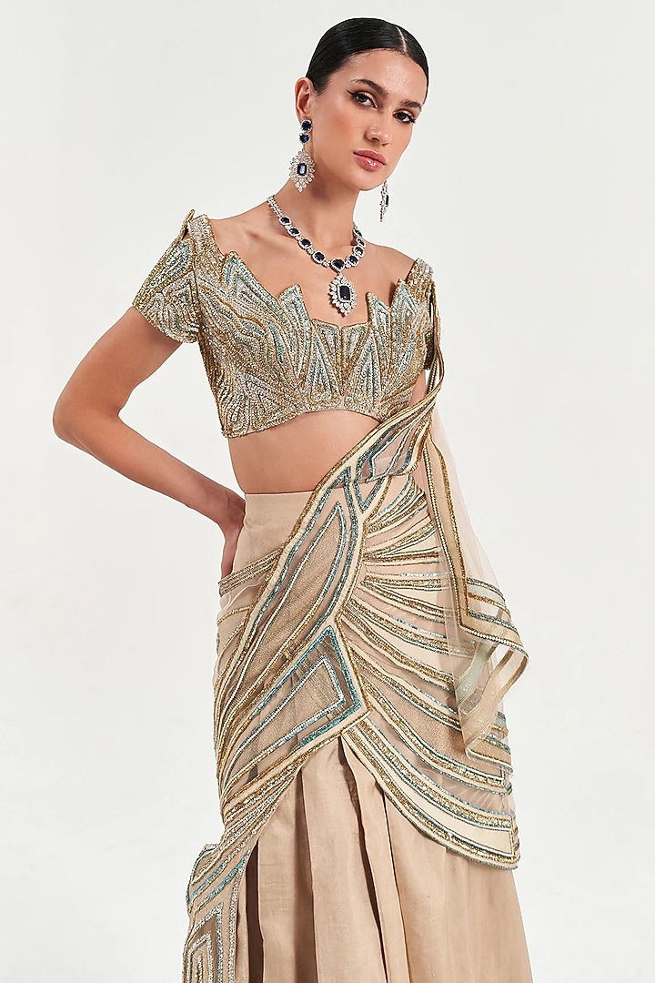 Champagne Satin & Organza Draped Reception Saree Set by Sulakshana Monga at Pernia's Pop Up Shop