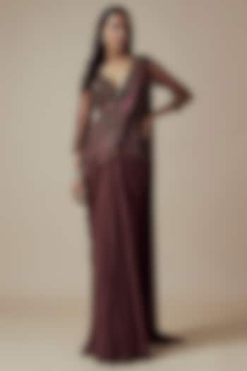 Brown Chiffon & Net Pre-Draped Saree Set by Soltee by Sulakshana Monga at Pernia's Pop Up Shop