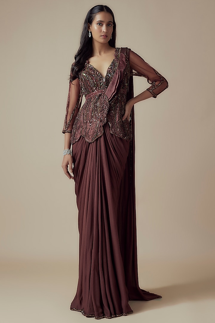 Brown Chiffon & Net Pre-Draped Saree Set by Soltee by Sulakshana Monga at Pernia's Pop Up Shop